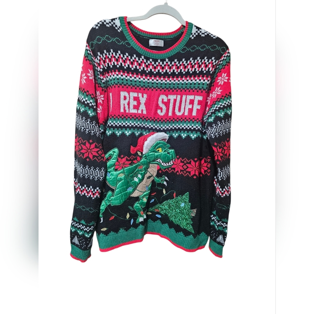 T-Rex Stuff Ugly‎ Christmas Sweater Dinosaur Santa Holiday Time Men’s Large